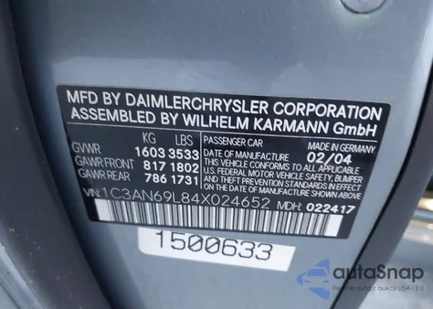 2004 Chrysler Crossfire из США, поврежденный, VIN 1C3AN69L84X024652